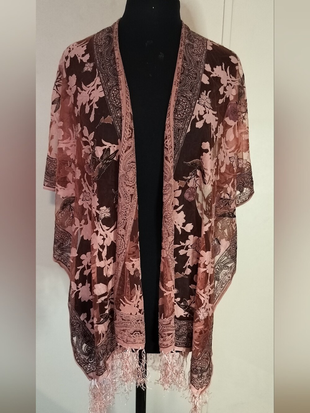 Sheer Floral Pink and Brown Kimono Cover-Up